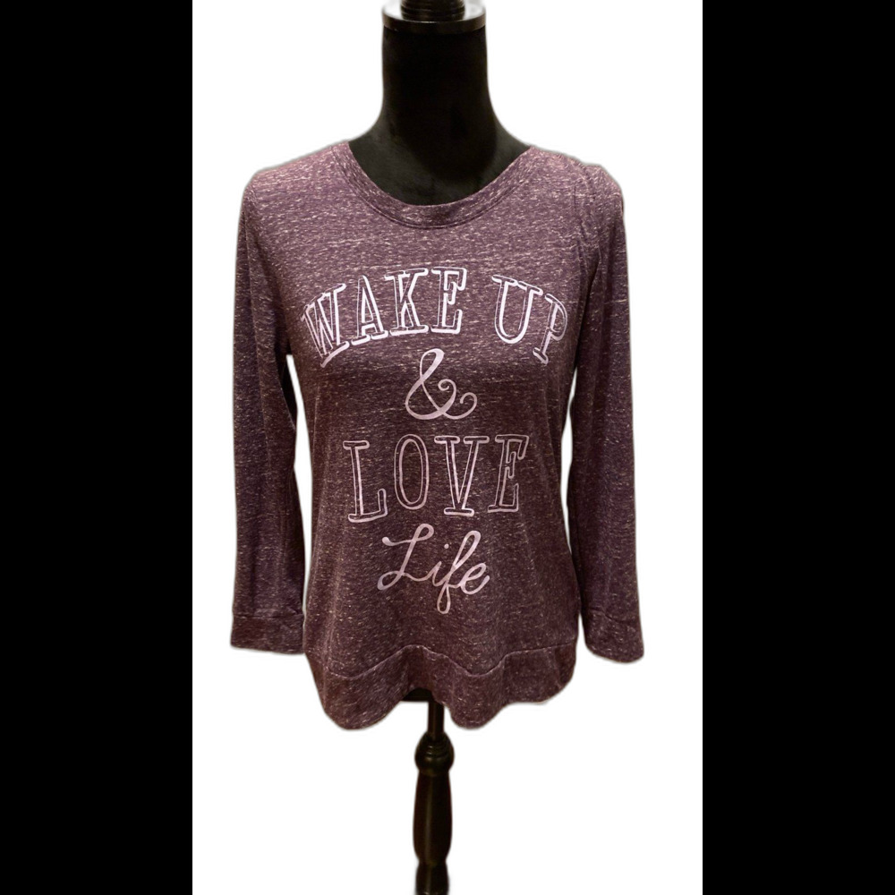 Style & Co Sport Women’s T Shirt Size Small Purple‎ “Wake Up & Love Life”